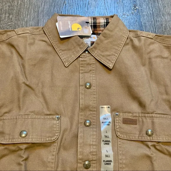 Carhartt Men’s Canvas Shirt Jacket Flannel Lined Long Sleeve Tan Tall Large - Picture 2 of 15